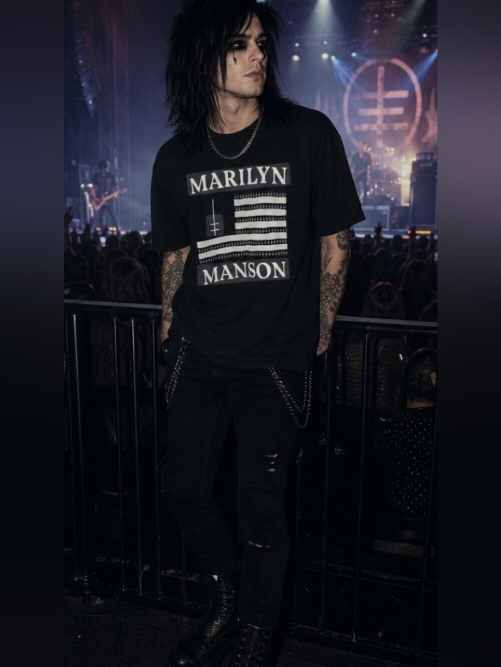 MARILYN MANSON T- SHIRT FEATURING A " DOUBLE CROSS" FLAG GRAPHIC. SIZE 2XL